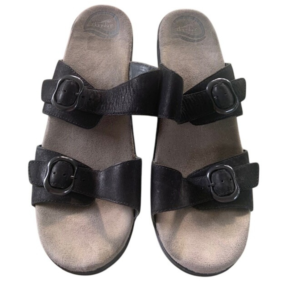 Dansko Leather Double Strap Comfort Slide Sandals Black Wedge EU 43 Clogs
